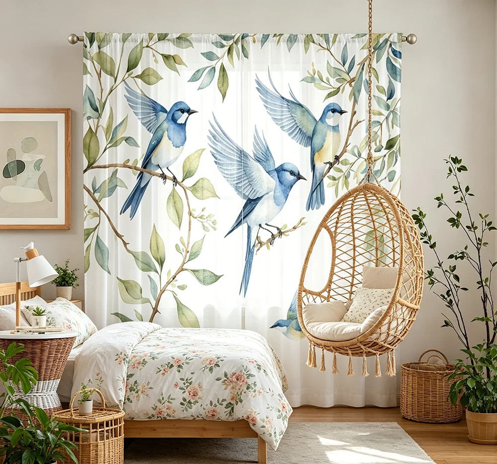 2PCS Digital Printed Sheer Curtain, Summer Blue Bird Print, Bright Seasonal Nature Garden for Living Room Bedroom Home Decor