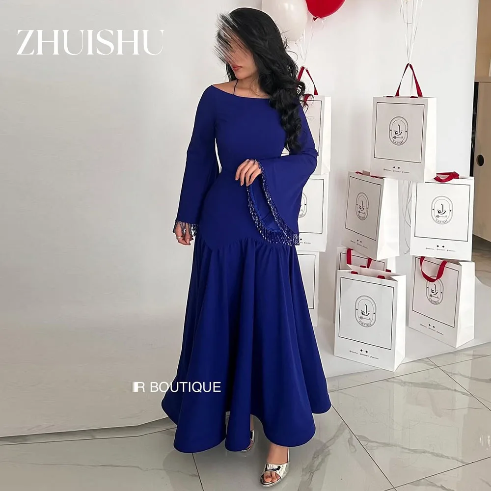 

ZHUISHU Royal Blue Scoop Collar Long Sleeves Prom Dresses Saudi A Line Customized Special Occasion Gown Evening Party Dresses