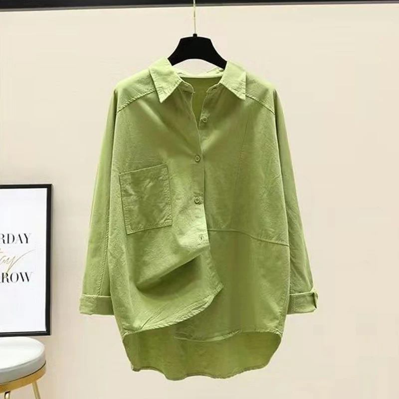 100% Pure Cotton Shirt for Women\'s Spring Summer New Korean Version Loose and Slimming Casual Versatile Solid Color Trendy Top