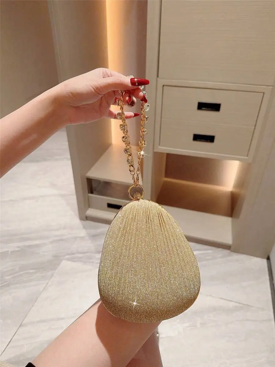 

Gold Tone Crinkle Clutch With Crystal Chain Evening Bag For Party Formal Wedding