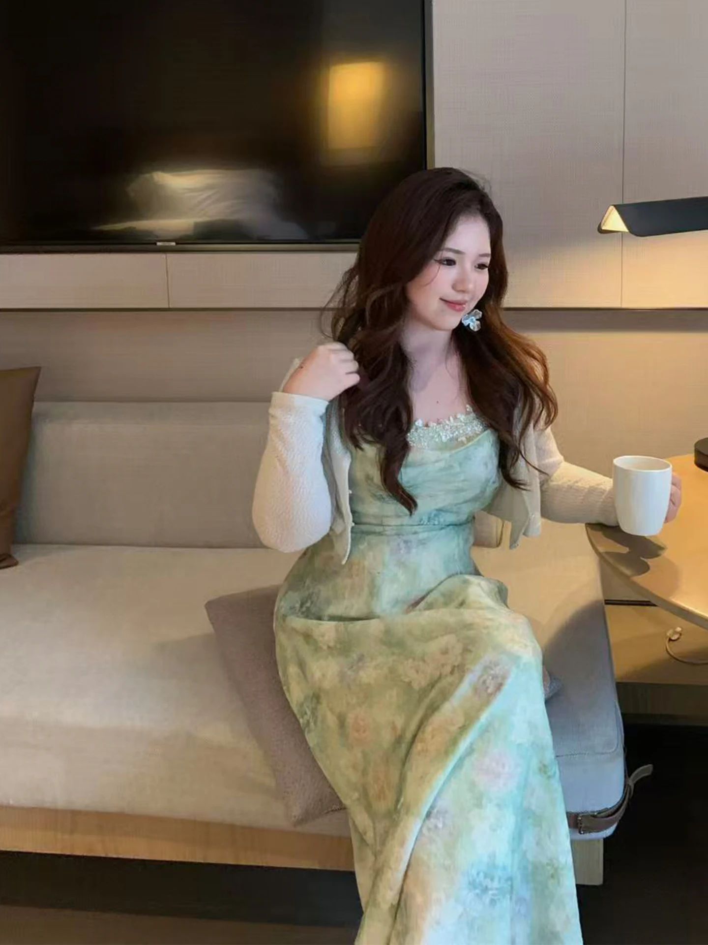 

Elegant Cool Mint Green Floral Print Maxi Dress with Strap A-Line Silhouette for plus Size Women French Style Spring Dress