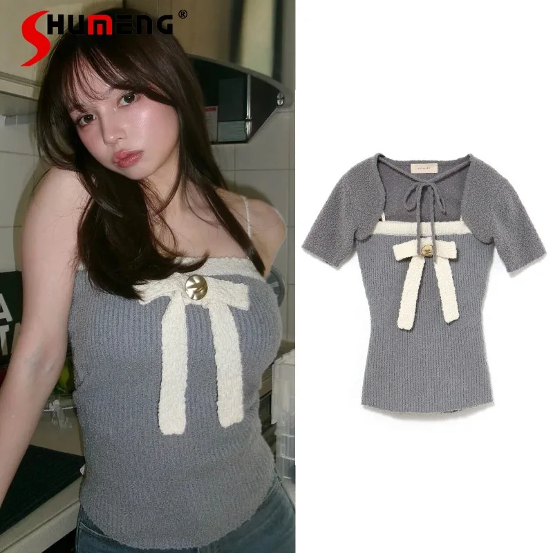 

2025 Autumn New Japanese Sweet Bow Tie Slim Knitted Camisole Two-Piece Set Top Women's Clothes Slash Neck Slimming Slings Suit
