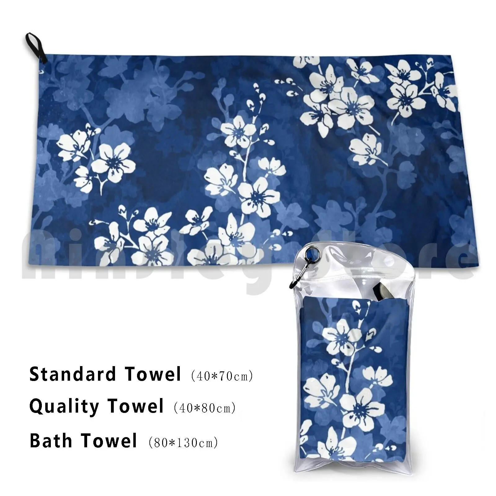 Sakura Blossom In Deep Blue Bath Towel Beach Cushion 761 Sakura Cherry Blossom Japanese Flowers Floral Repeat