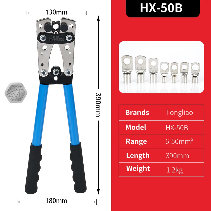 Crimping Plier Battery Cable Lug Crimping Tool HX-50B Wire Crimper Hand Ratchet for 6-50mm 0-10AWG With 60pcs Terminals