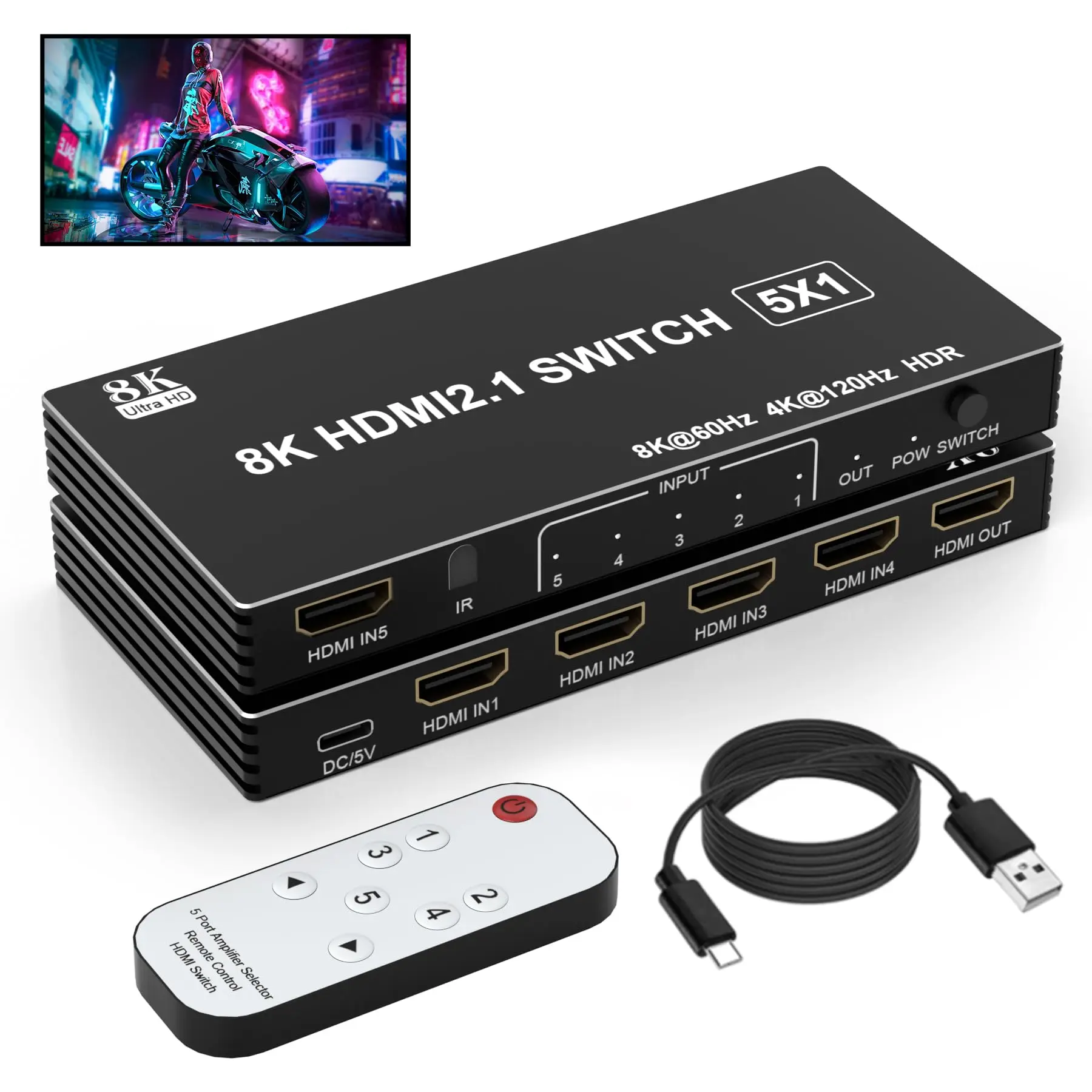 

8K HDMI Switcher 5 in 1 Out, 5 Port HDMI Splitter with IR Remote HDMI Switcher Selector Box Compatible with PS 5/4/3 Xbox Switch