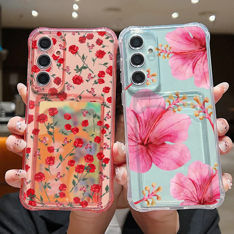 Funda de Teléfono con Bolsillo para Tarjetas y Estampado de Flores Rojas para Samsung Galaxy S26 S25 Ultra S23 S24 FE A57 A17 A56 A55 A25 A16 A36 A15 5G, Carcasa de TPU