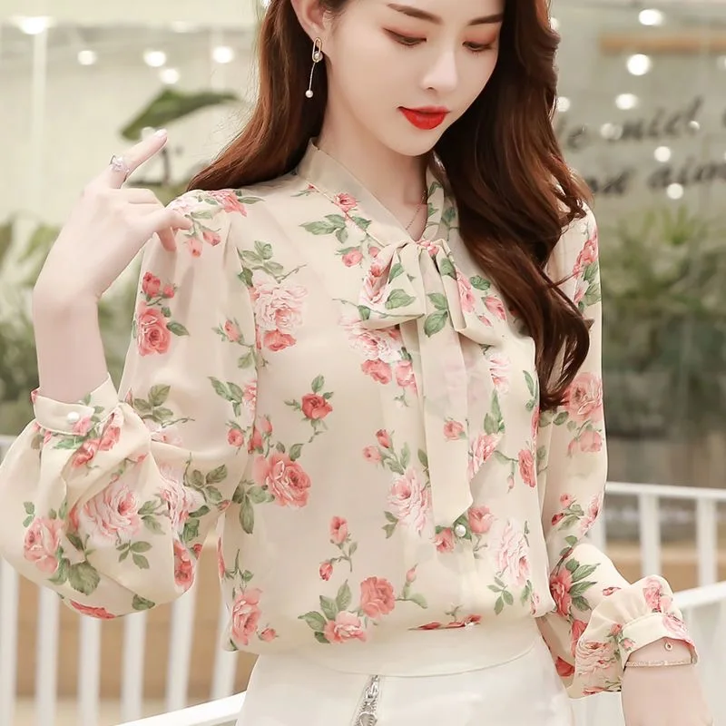 

Woman Spring Autumn Style Blouses Shirts Lady Casual Long Sleeve Bow Tie Collar Flower Printed Blusas Tops G2641
