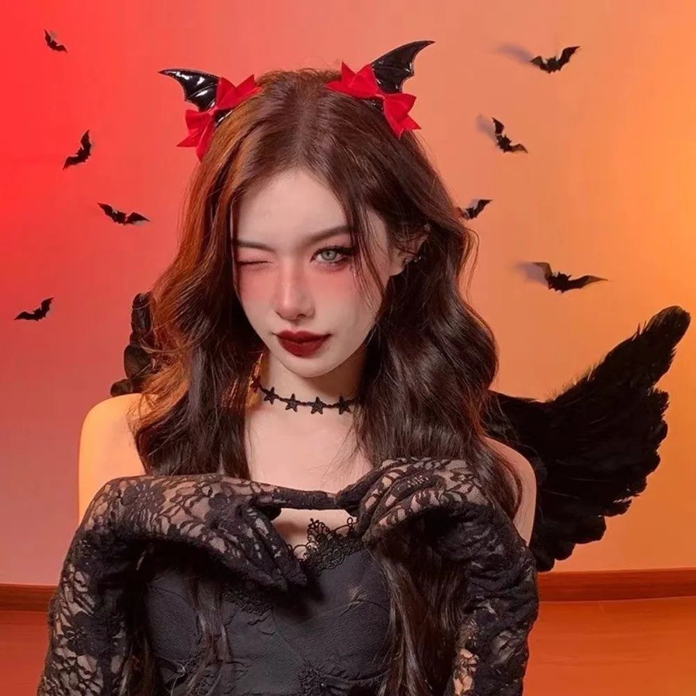 2 Pcs Cute Bow Halloween Hairpins Y2K Gothic Style Devil Horn Hair Clips Punk Lolita Style Bat Wings Hair Clips Party Wear