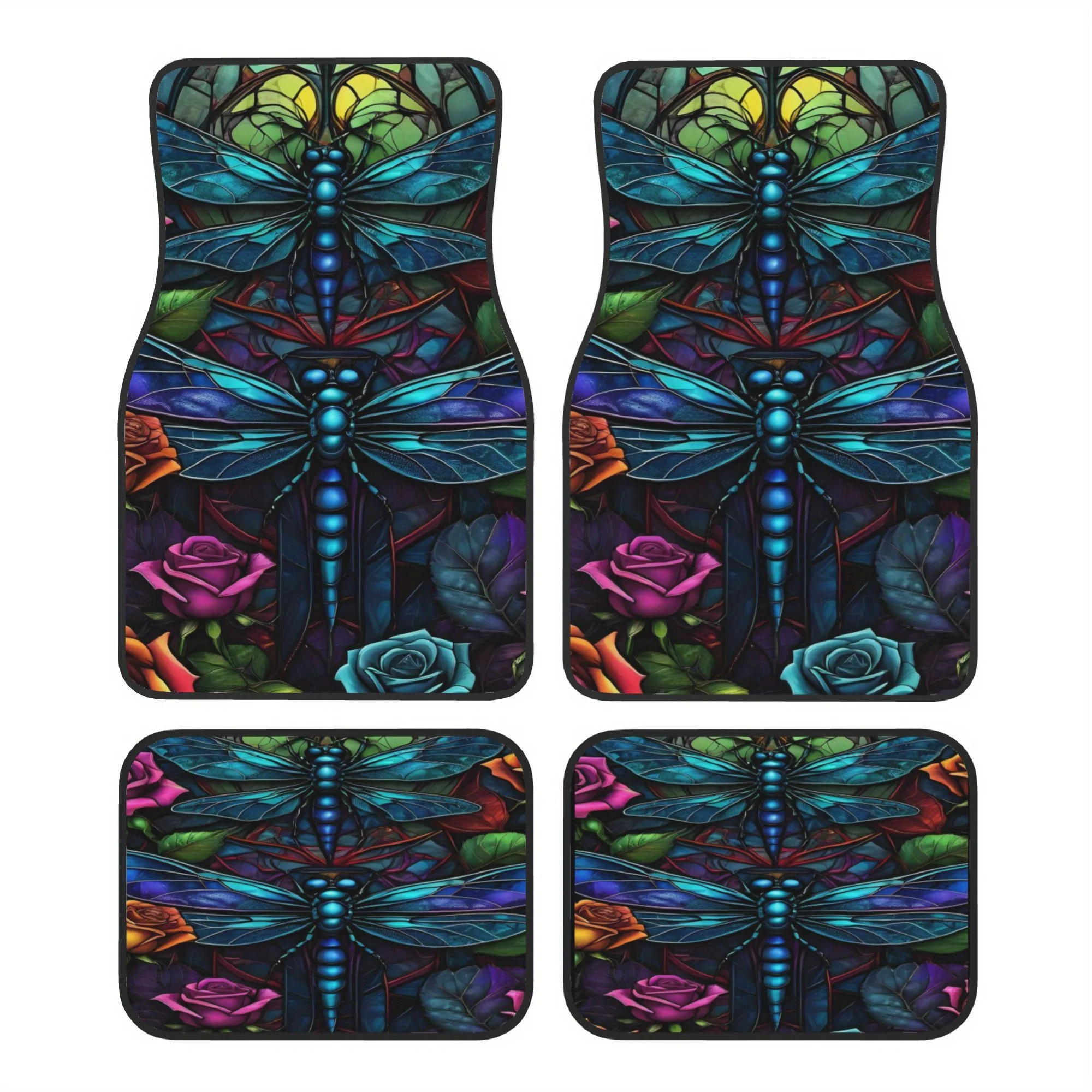 Alfombrillas para el suelo del coche con diseño de libélulas y rosas, elegantes y duraderas, resistentes a las manchas, antideslizantes, fáciles de limpiar, ajuste Universal, 4 Uds.