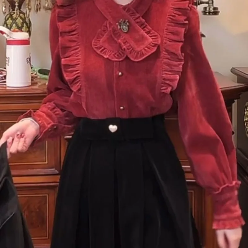 2025年初春 フレンチレトロ キノコ柄 おしゃれ 長袖シャツ レディース レッドトップ