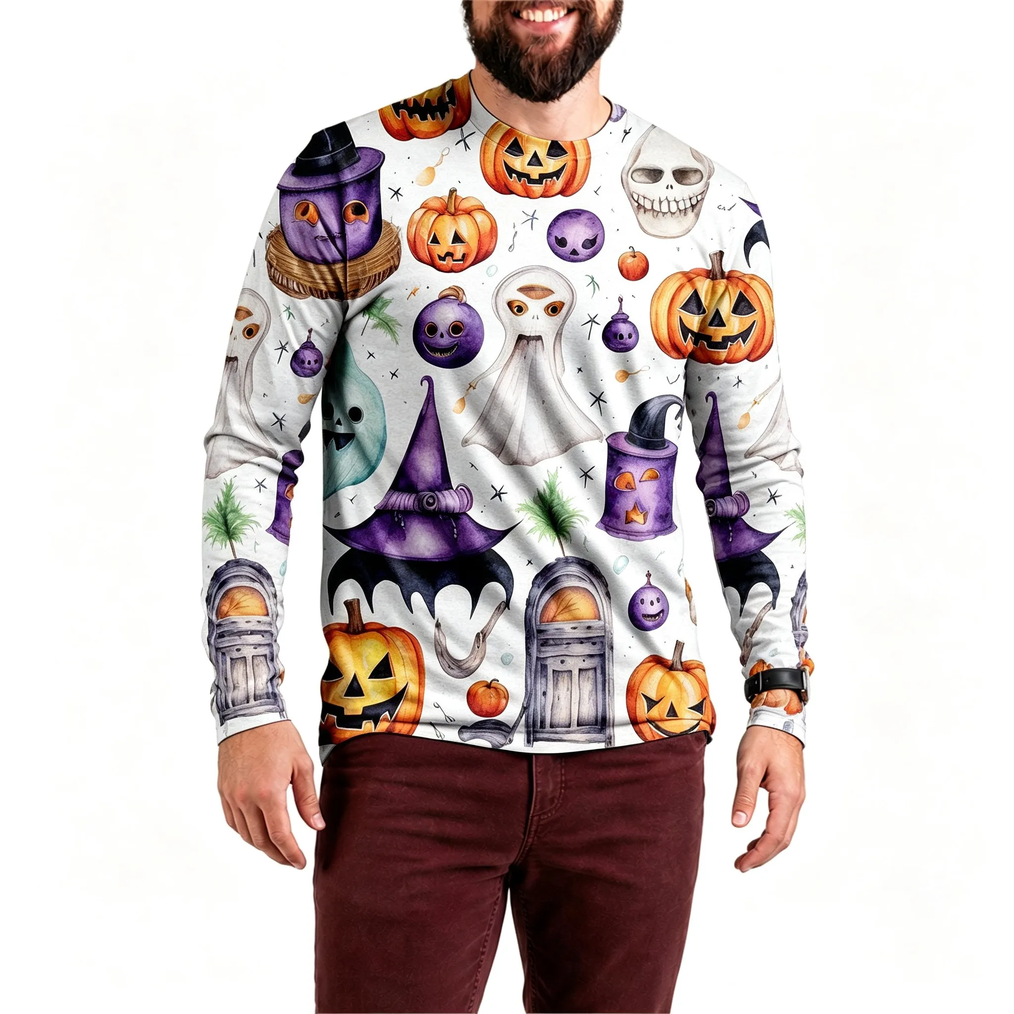 Men Halloween Witch Hat Pumpkin Print Long Sleeve Shirt Crow Autumn Leaf Graphic Crew Neck Top Holiday Casual Pullover Tees