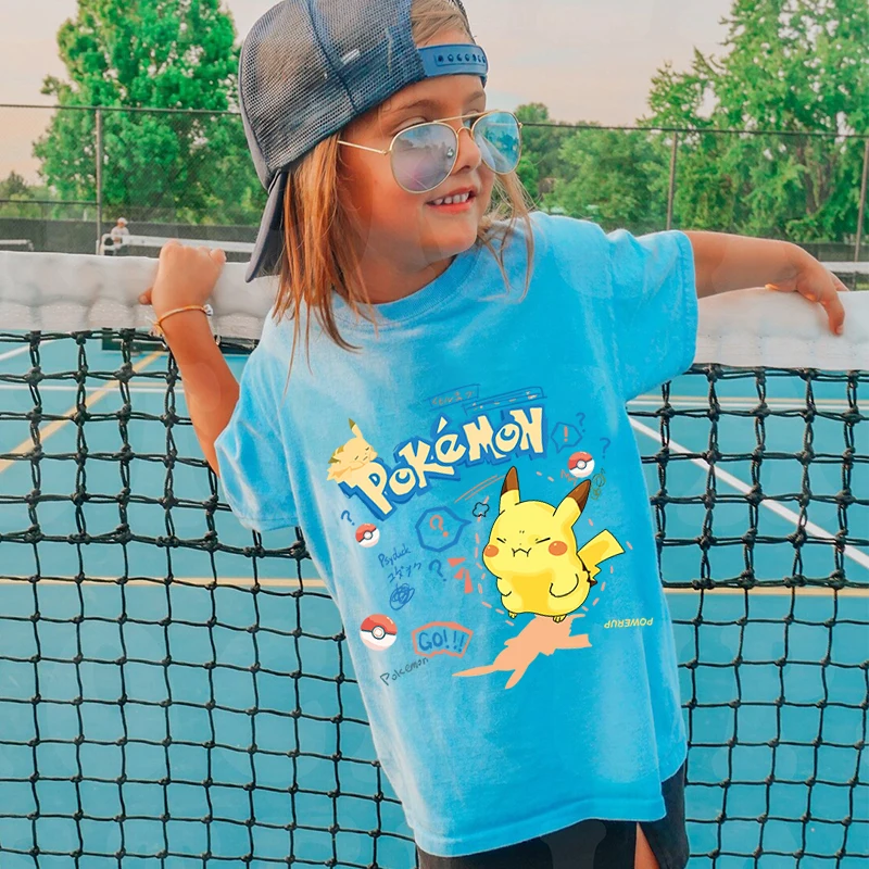 Pokemon print children's clothing kids pure cotton short-sleeved casual T-shirt blue top for girls