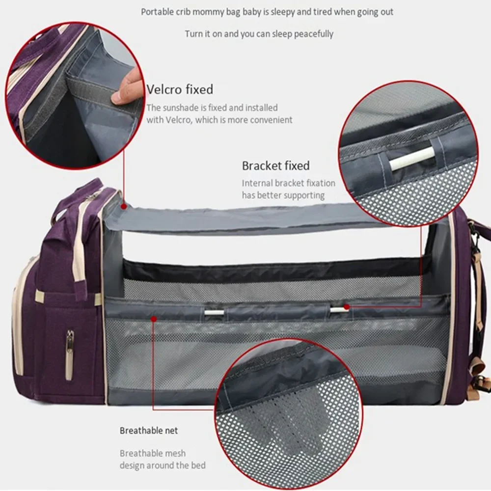 With awning lying backpack crib mummy bag USB charging thermal insulation large capacity mother baby hangbag travel folding bed