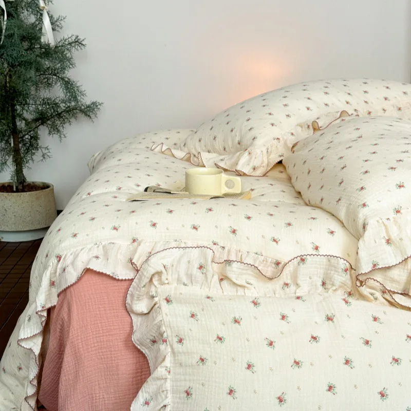 INS Princess Ruffle Edge Gauze 100% Cotton Pillow Case Breathable Duvet Cover Without Filler 3PCS Floral Home Bedding Set image 3