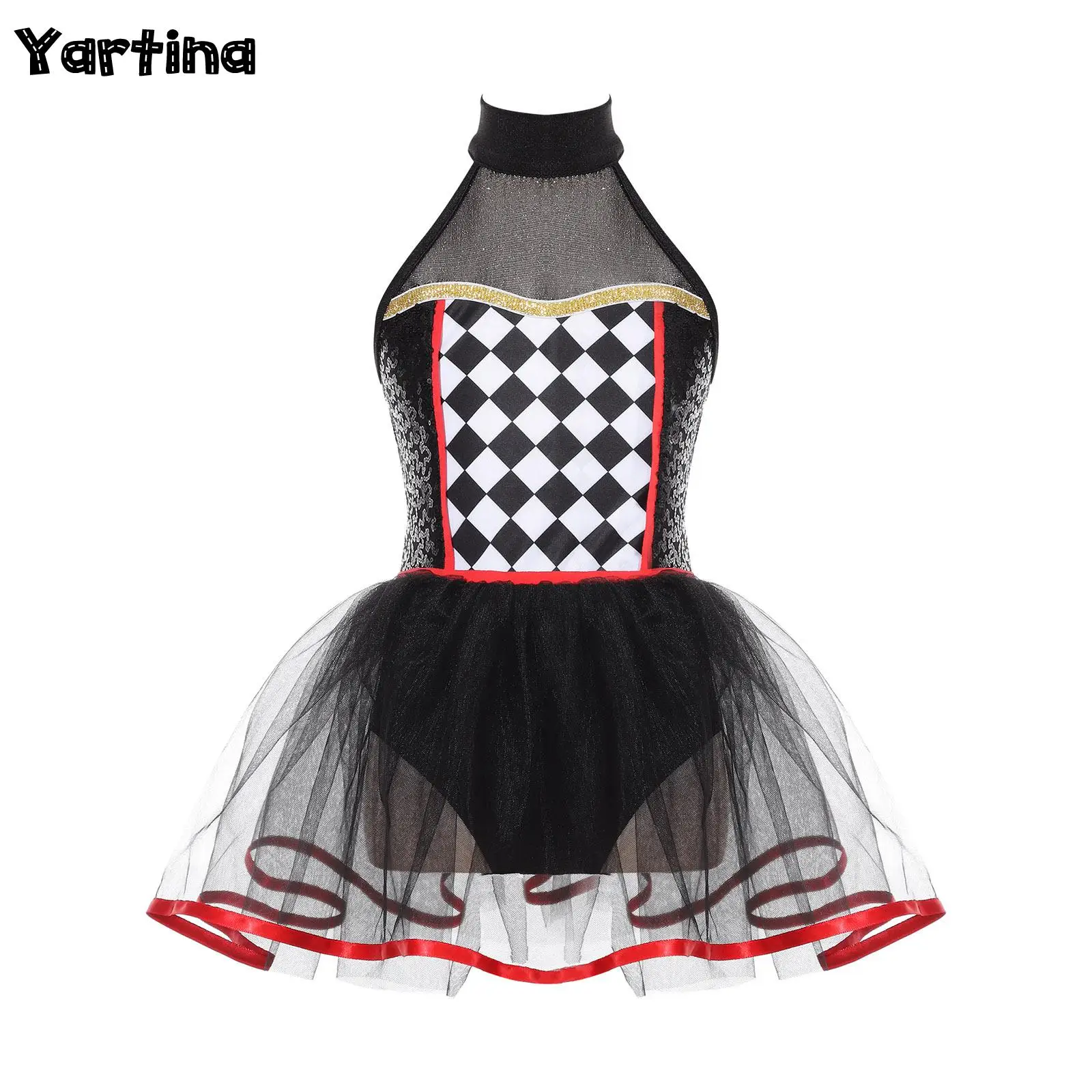 Kids Girls HalloweenCircus Clown Cosplay Costume Halter Neck Checkerboard Sequins Tutu Dress Bodysuit Ballet Dancewear Dress Up