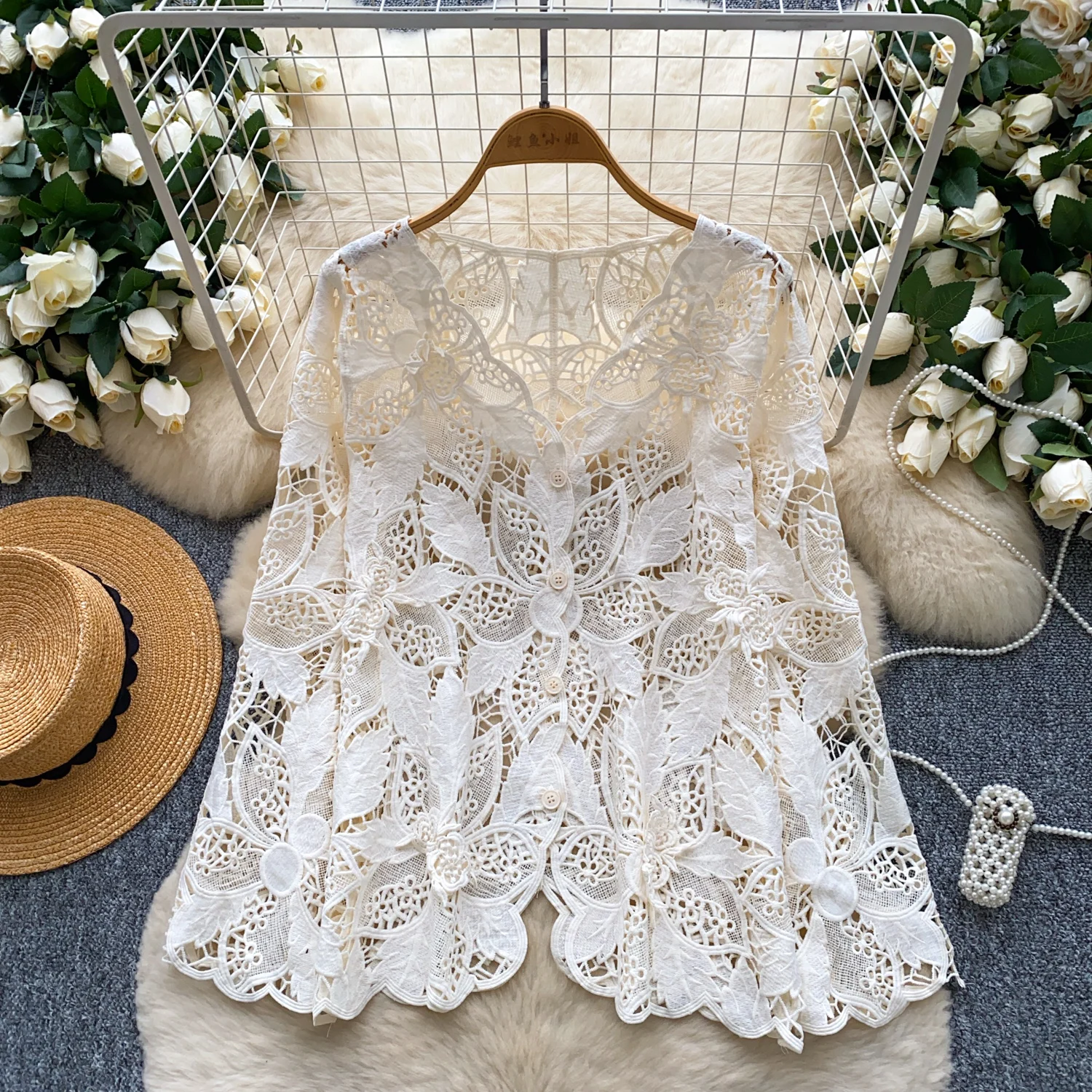 

French Retro Hollow Tops For Women Summer Crocheted Loose Beach Vacation Sun Protection Shirts