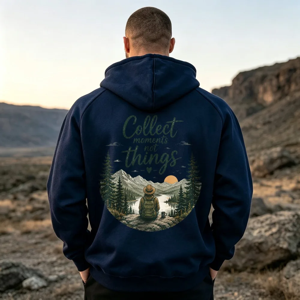 Unisex Collect Moments Not Things Hiker Mountain Lake Sunset Graphic Hoodie Back Print Sweatshirt Outdoor Camping Casual Hooded