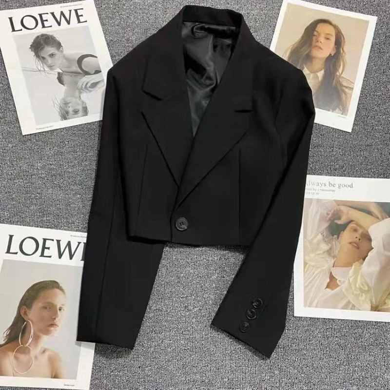 Blazer corto de manga larga para mujer, Chaqueta corta coreana con un solo botón, color blanco, a la moda, para primavera y otoño