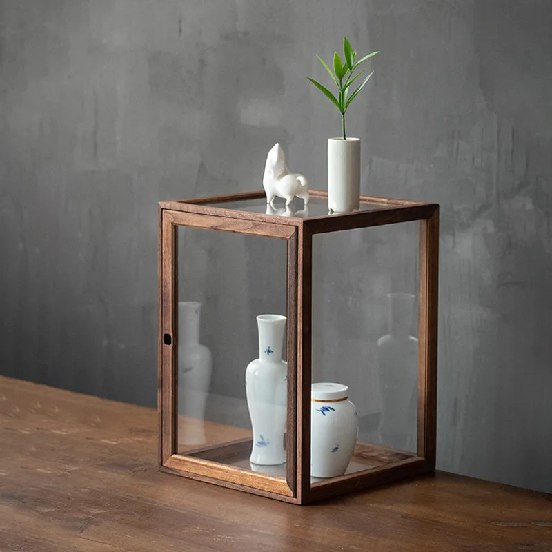 Black Walnut Home Transparent Dust-proof Storage Box Solid Wood Glass Display Box Figure Lego Display Cabinet Wine Cabin