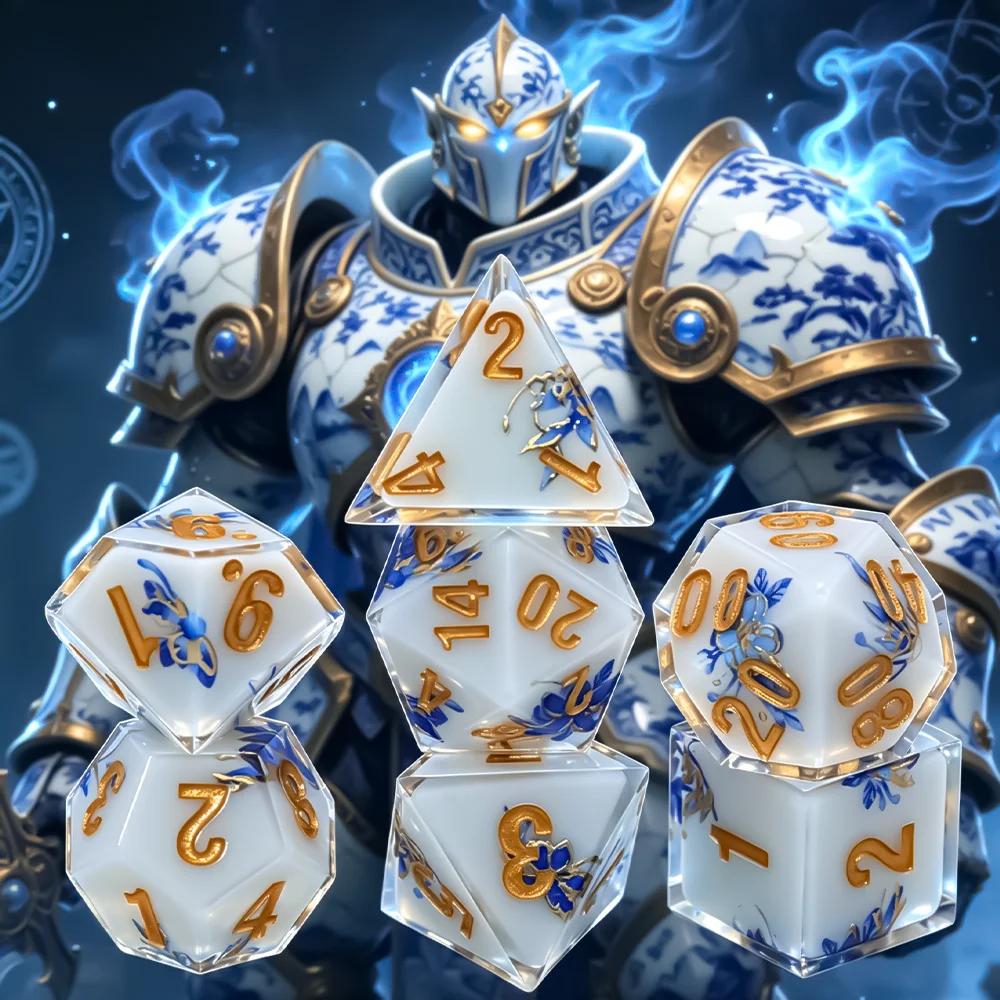 7Pcs Resin Blue‑White Pattern Chinese Style Polyhedral Dice Set for RPG Role‑Playing Tabletop Game Family, Comes With One Storag