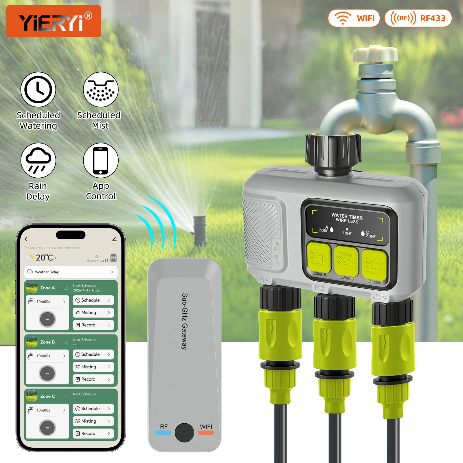 2026 NEW WiFi 2/3 Zone Smart Water Timer Garden Automatic Irrigation System Sub-GHz Gateway APP Control Rain Delay Misting Timer