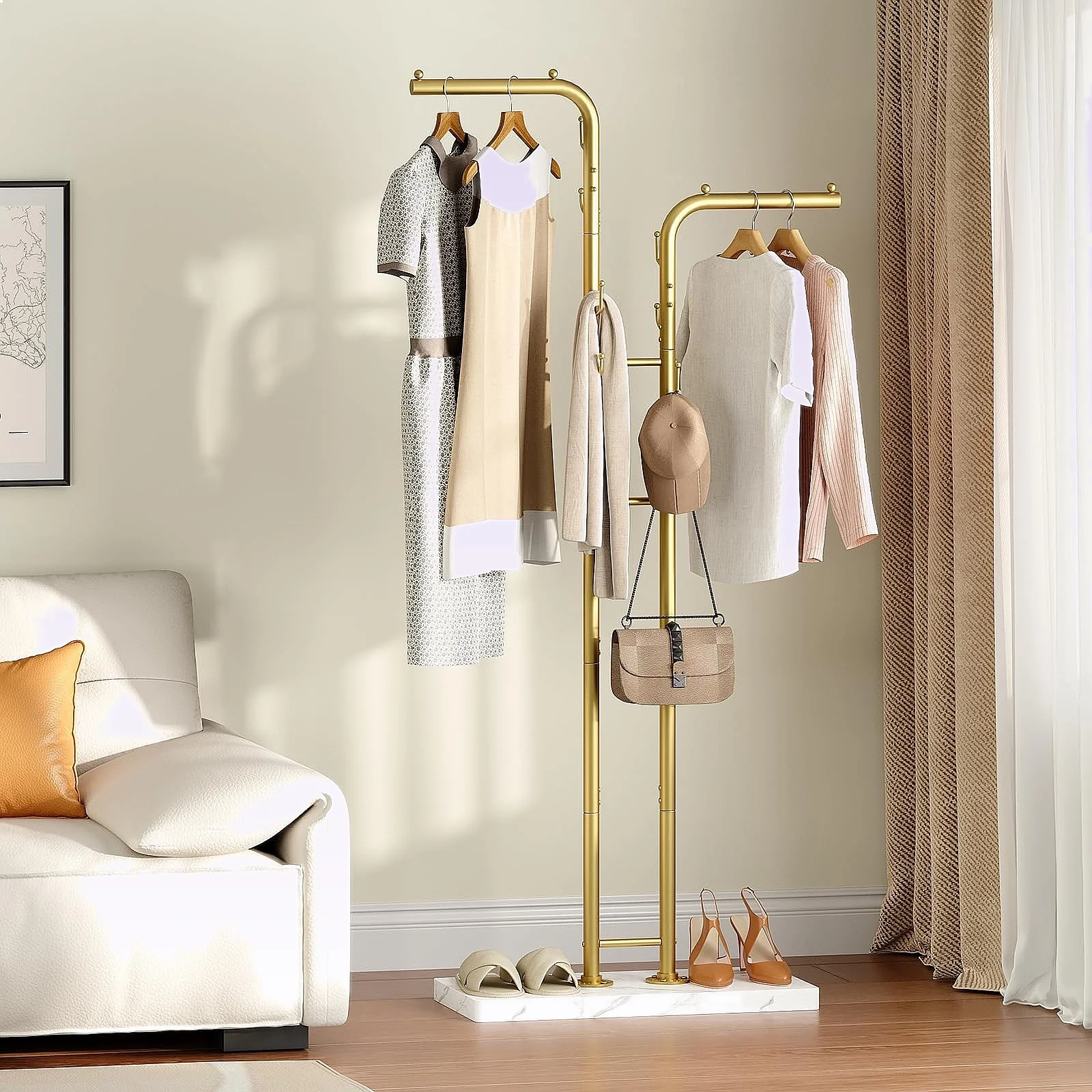 Gold Floor Standing Coat Hanger Stand with 8 Hooks, Entryway Coat Tree Rack