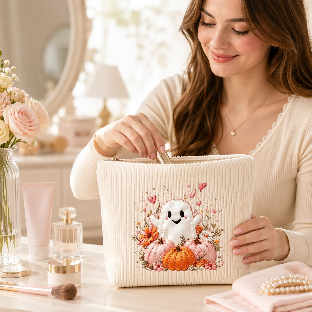 Cosmetic Bag Halloween Ghost Corduroy Makeup Bag Large Capacity Travel Toiletry Organizer Women Pouch Autumn Holiday Gift