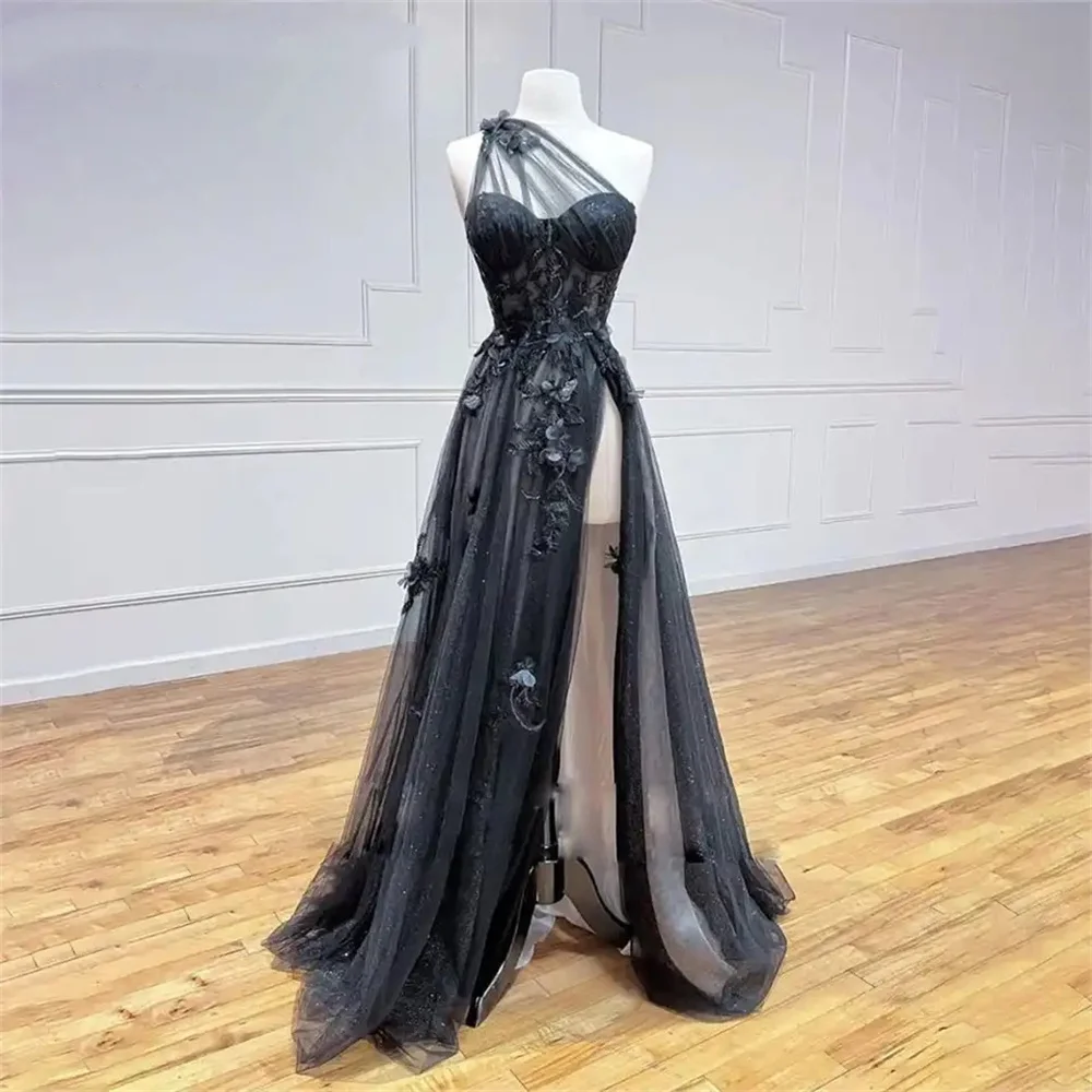 Annie Off-the-shoulder Tulle Prom Dressess Shiny Side Slits Cocktail Custom Evening Dress Navy Blue 2024 Vestidos De Noche