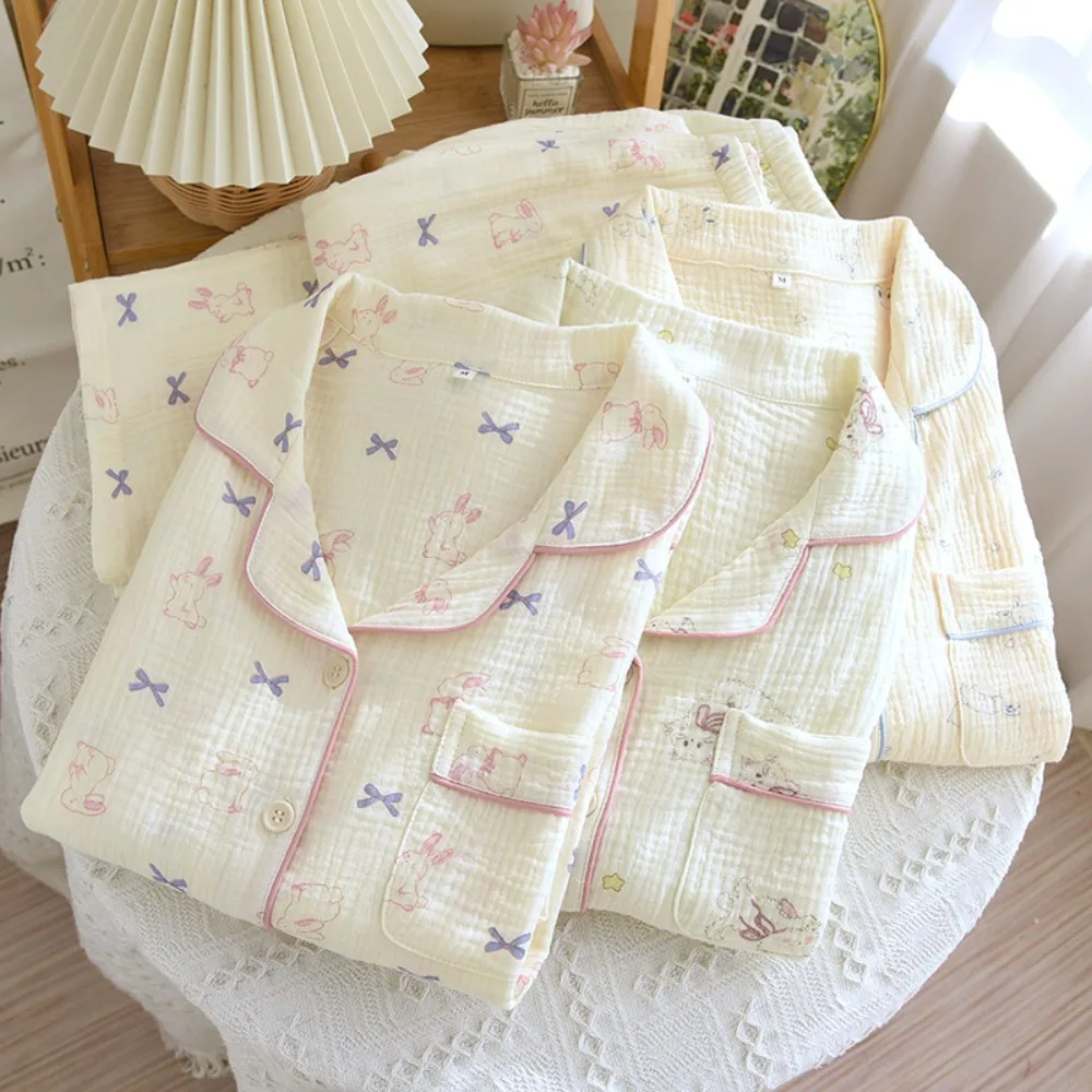 

Sweet Cardigan Cotton Pajama Set Women's Spring Summer Gauze Long Sleeve Pants Outfit Lightweight Loungewear Wearable Outside