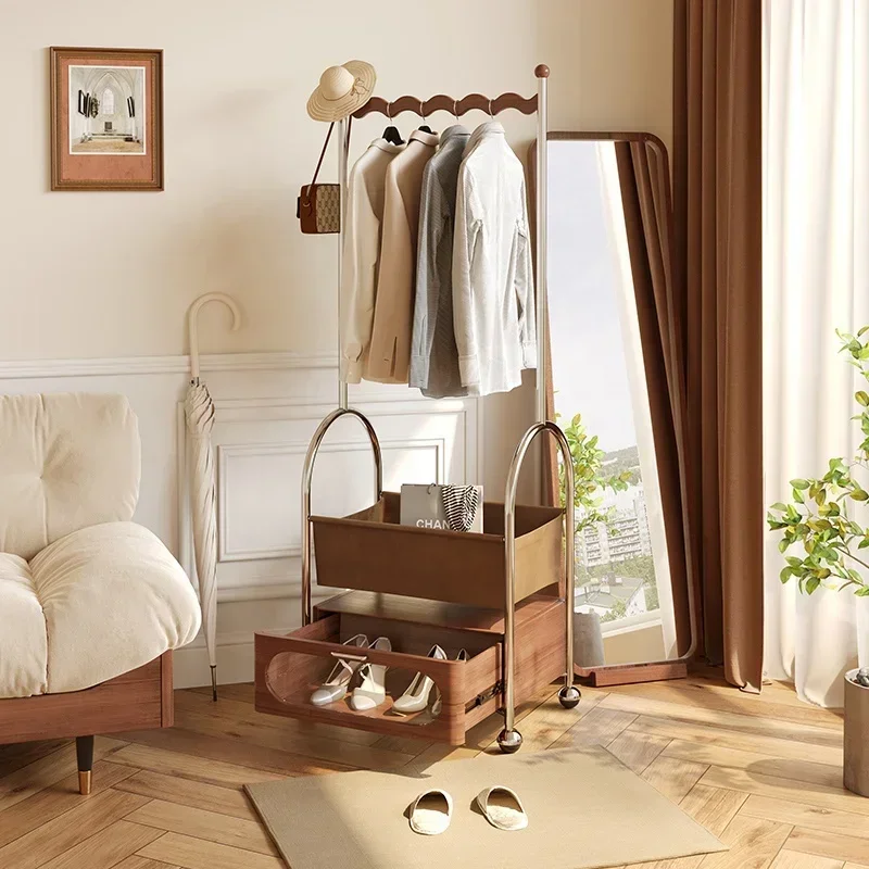 

for Home Furniture Rotatable Hall Trees Entryway Stainless Steel Wooden Frame Clothes Shoe Drawer Mobile Hat Coat Rack