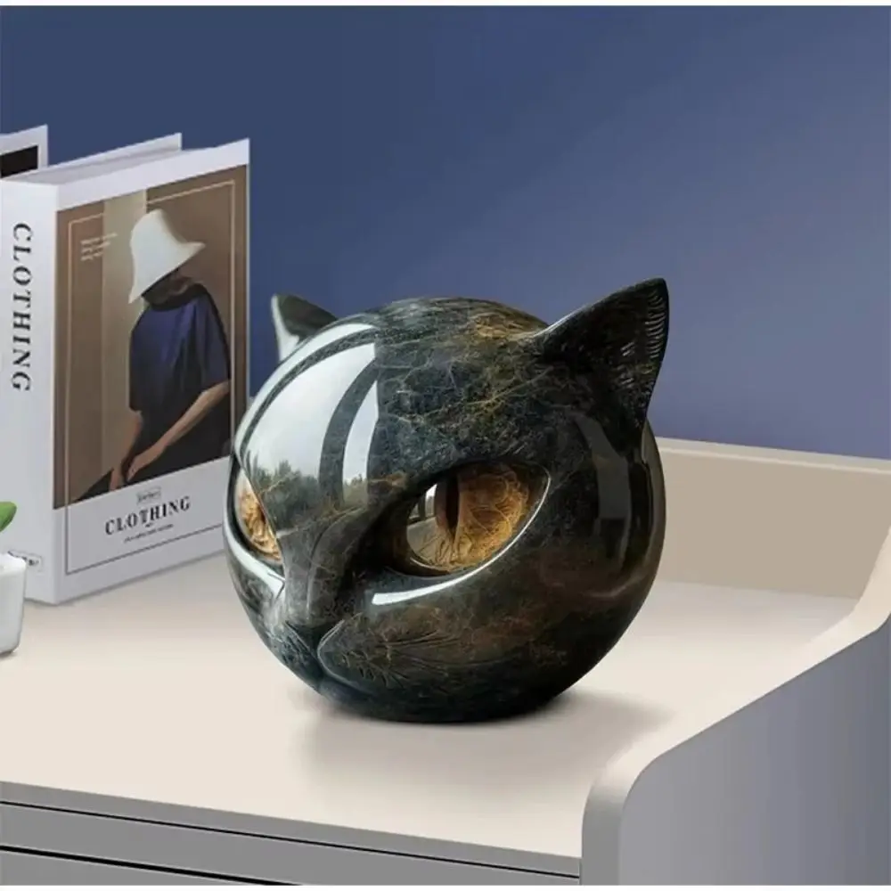 Amber Eyes Black Cat Stone Figurine Marble Texture Resin Resin Stone Sculpture Obsidian Black Crystal Healing