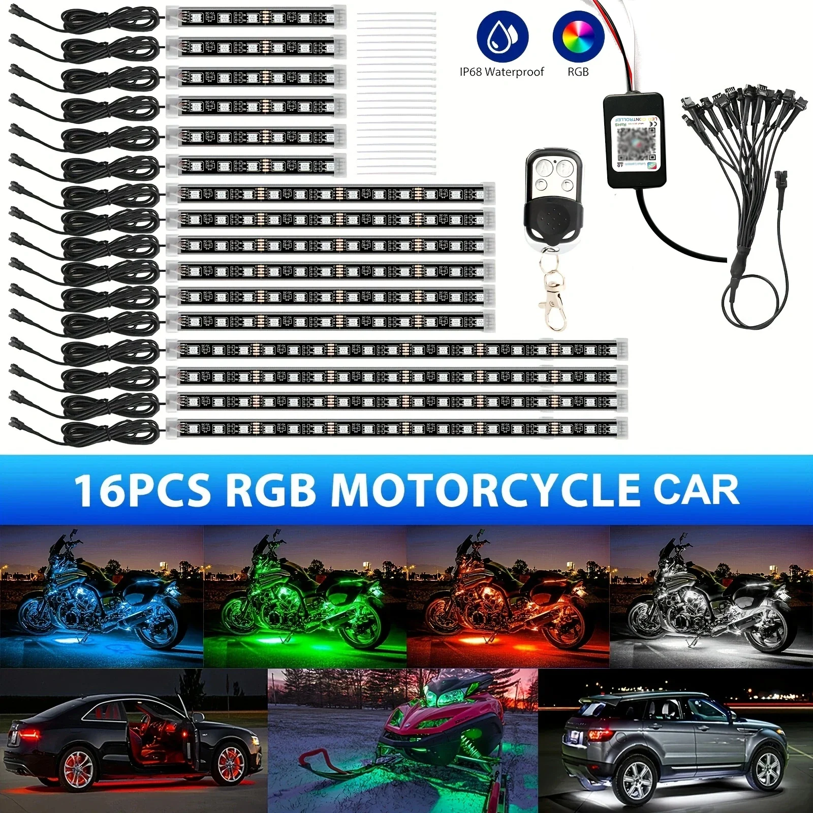 16PC APP IR RF Wireless Remote Controllers Neon Ground Atmosphere Car Motorcycle LED Light Strips For Harley Kawasaki jeep etc
