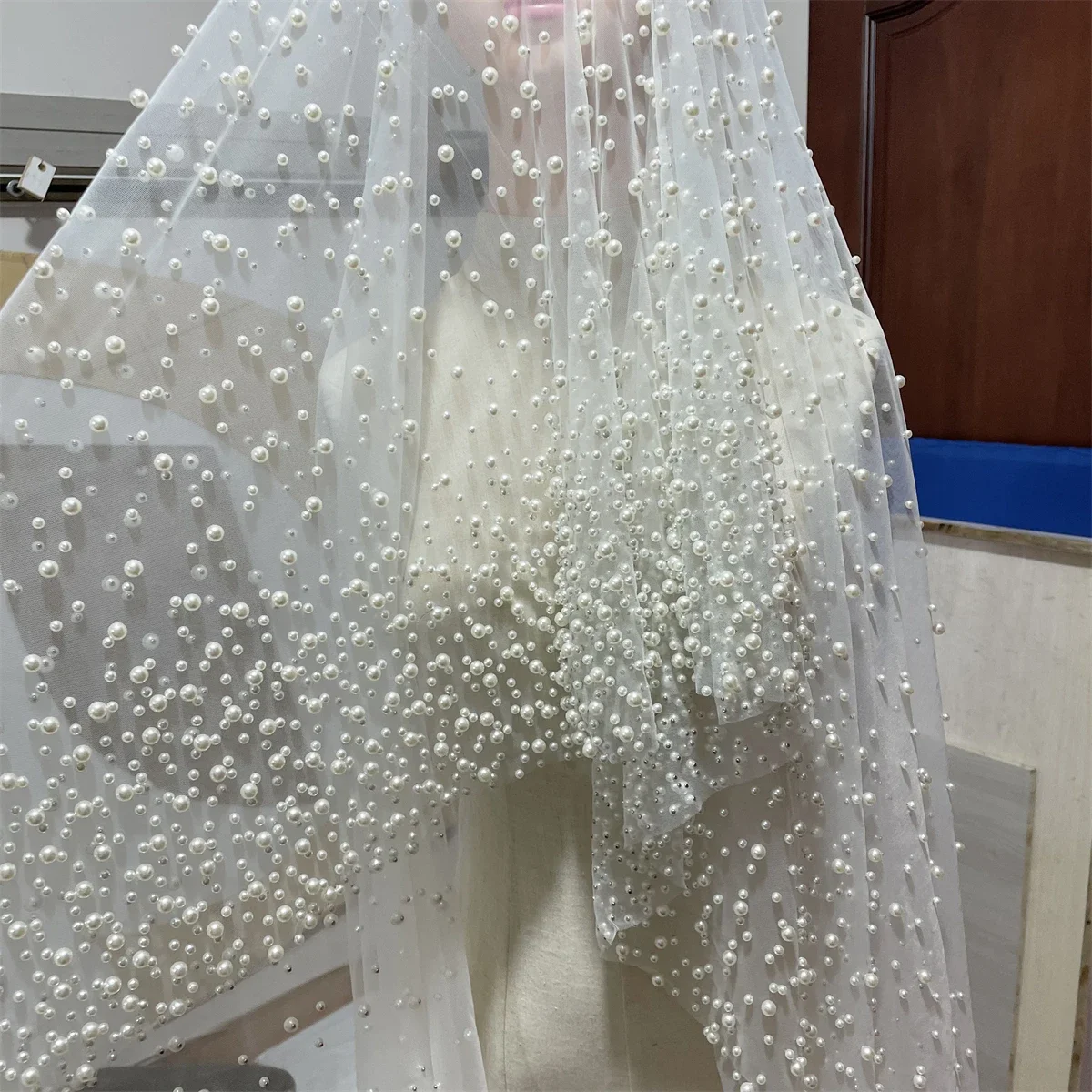 1Tier Wedding Veil With Pearls Long Luxurious Bridal Veil Scattered Pearls Dense Pearls Mantilla Veil with Comb Cathedral Custom