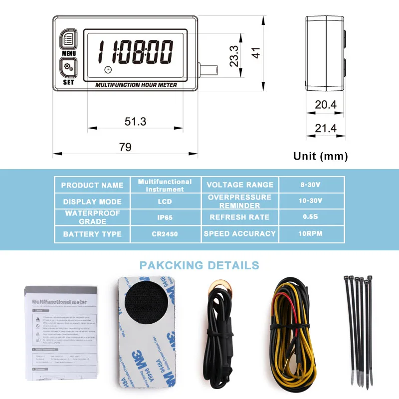 RL-HM028A Inductive Temperature TEMP METER Motorcycle ATV Marine Boat Thermometer Tachometer Max RPM Recall HOUR METER for UTV