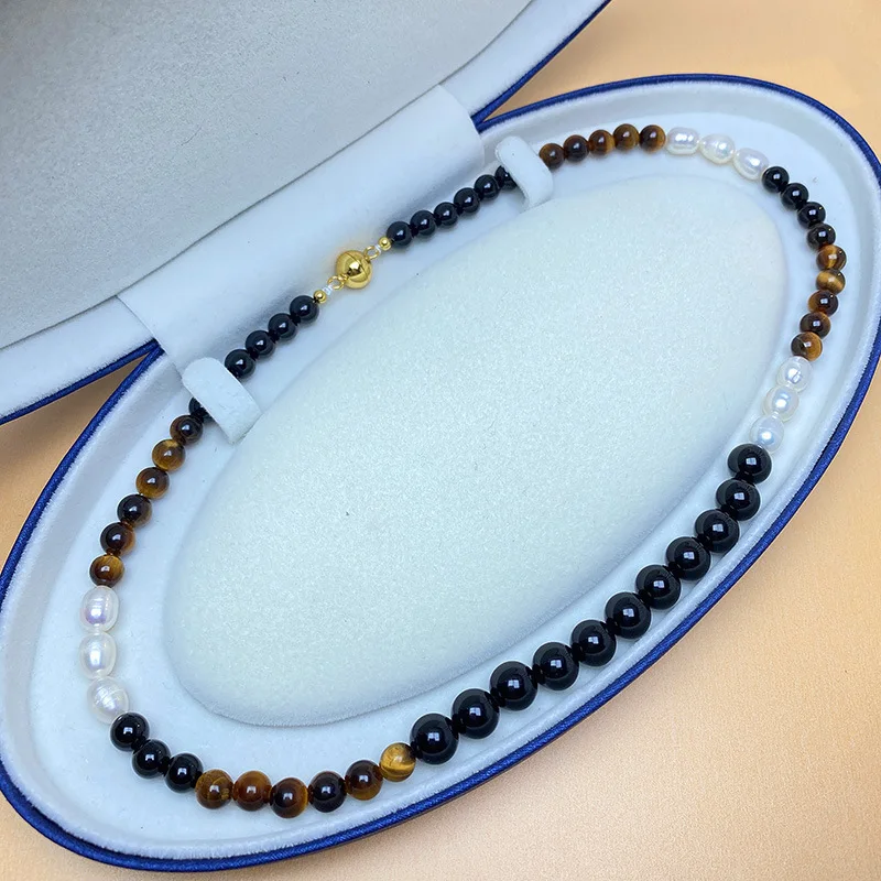 S925 Silver Special-Interest Design French Maillard Necklace Natural Pearl Black Agate Tiger Eye Advanced Clavicle Chain Female