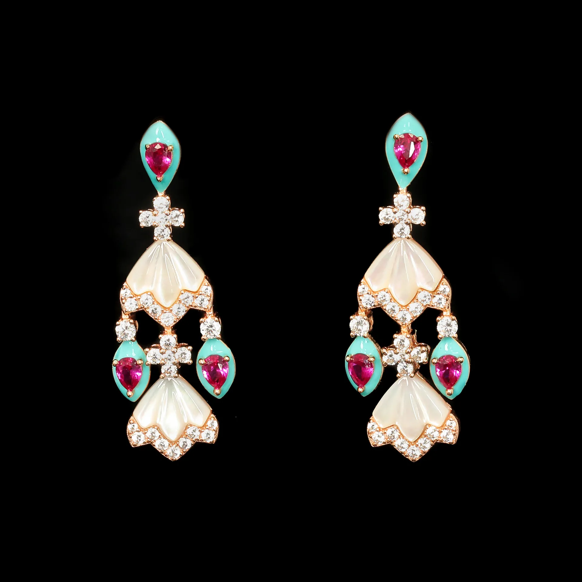 Bellux 925 Silver Rose Gold Plated Synthetic Zircon Cross White Shell Skirt Shape Water Drop Shaped Ruby Vintage Earrings