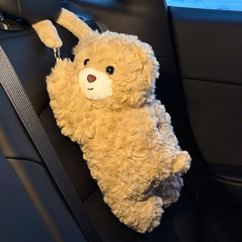 Cute Bear Car Tissue Box Hanging Auto Paper Towel Holder Creative Cartoon Plush Toy Tissue Bag for Car Interior