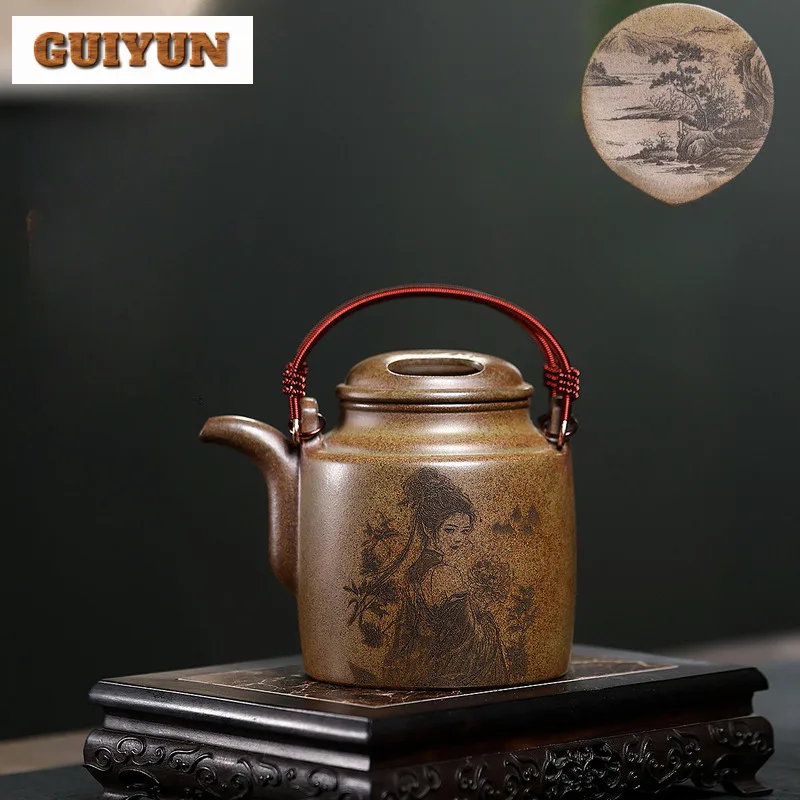 

620ml Yixing Purple Clay Teapots Handmade Lifting Handle Pot Raw Ore Agilawood Firewood Mud Tea Maker Kettle Zisha Tea Set Craft