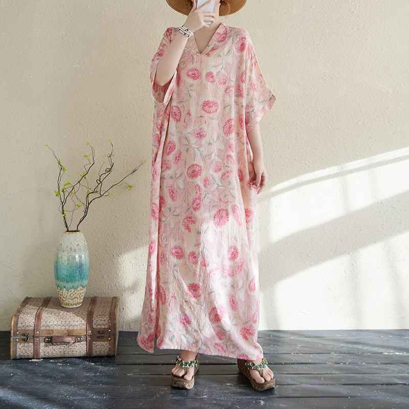 Robe d'été longue en coton et chanvre pour femmes, imprimée, Style vacances, col en v, manches courtes, rétro, grande taille, A395, 2025