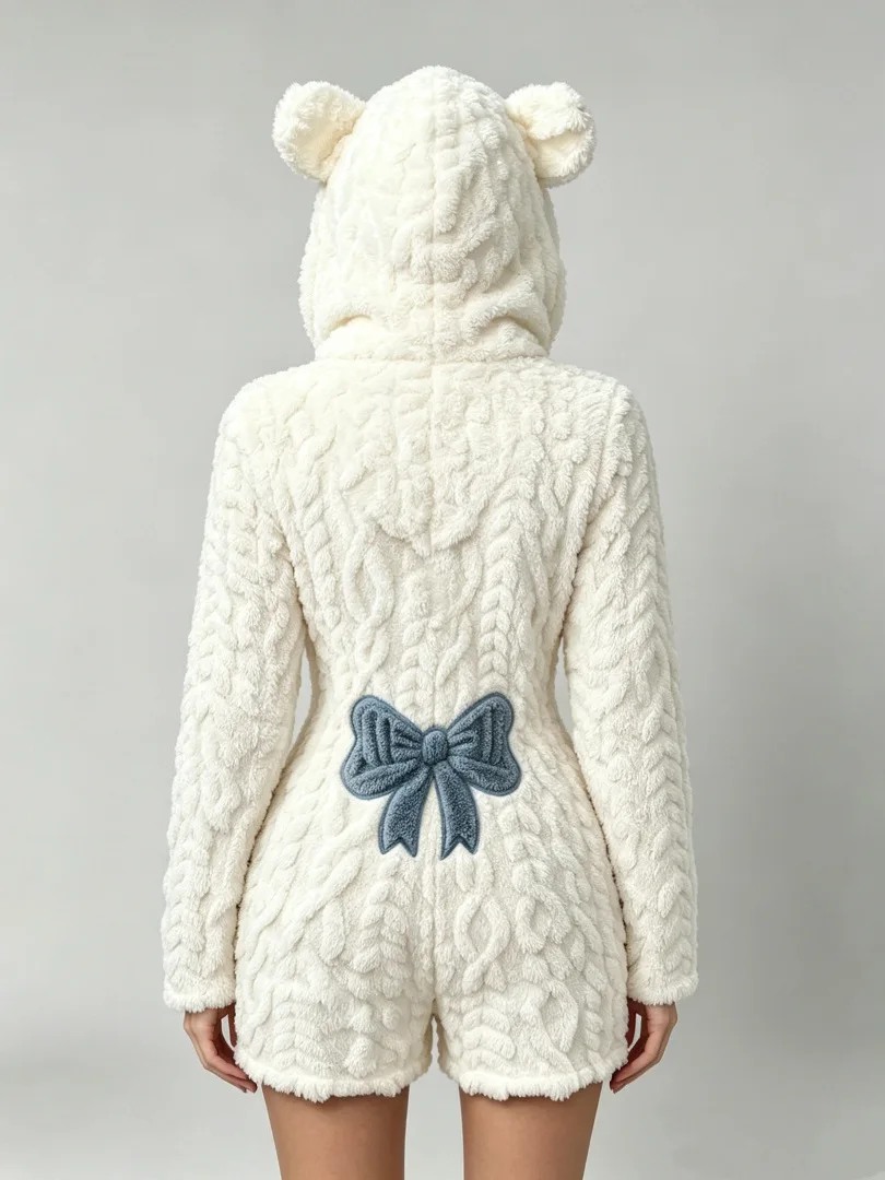 Winter Plush Bear Ear Hooded Jumpsuit Pajamas with Bow Tie Thickened Long Sleeve Polyester Home Clothes for Men And Women