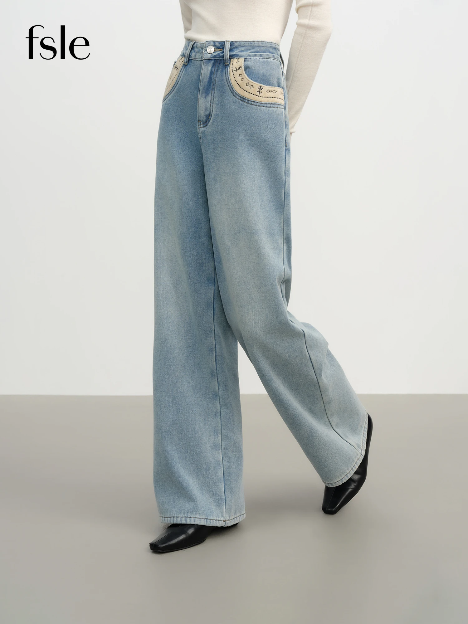 

FSLE Винтажные потертые джинсы с вышивкой и утягивающим дизайном с высокой талией. Зимние женские широкие джинсы свободного кроя с широкими штанинами.