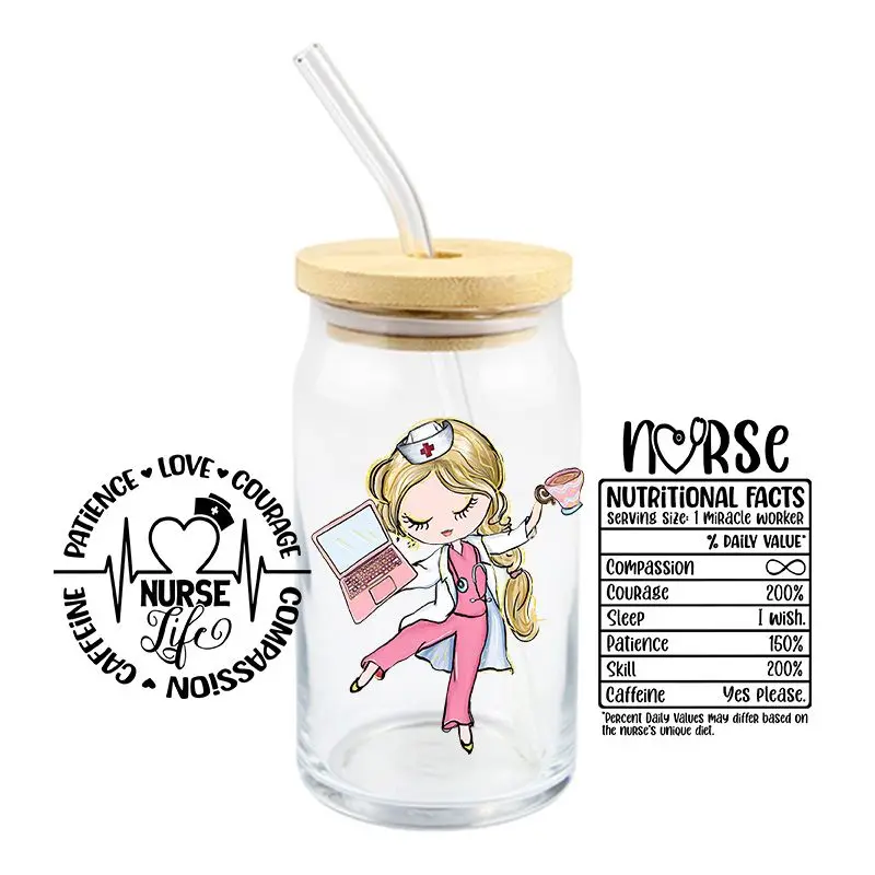 Adesivos de transferência uv 3d à prova d'água, design fofo de enfermeira, decalques coloridos, envoltório dtf para canecas, copos, garrafas, simples de usar
