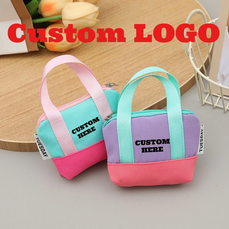 Custom Logo Coin Purse Canvas with Wristband Earphone Case Dopaamine Pink Card Holder Dopamine Pink Mini Handbag Earphone Case