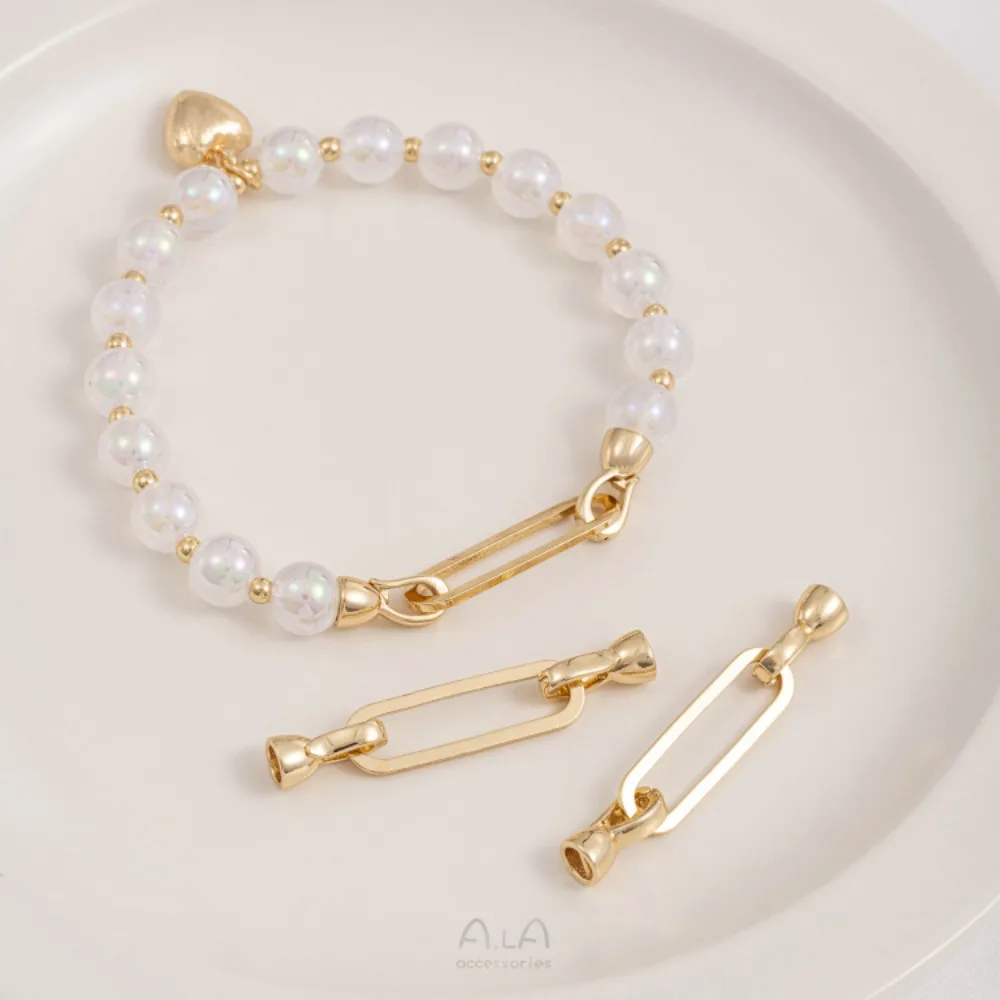 Klip Tembaga Warna Emas 14K Bentuk Oval Strip Sederhana Fashion Gesper Mutiara Buatan Tangan DIY Kalung Rantai Sweater Aksesoris Ujung Rantai