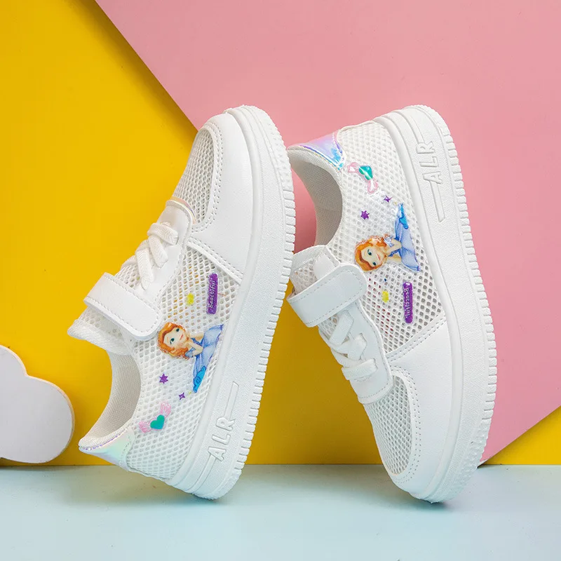 Summer Kids Girls Mesh White Shoes Princess Anime Character Board Shoes scarpe Casual bambini Mesh Sneakers antiscivolo traspiranti