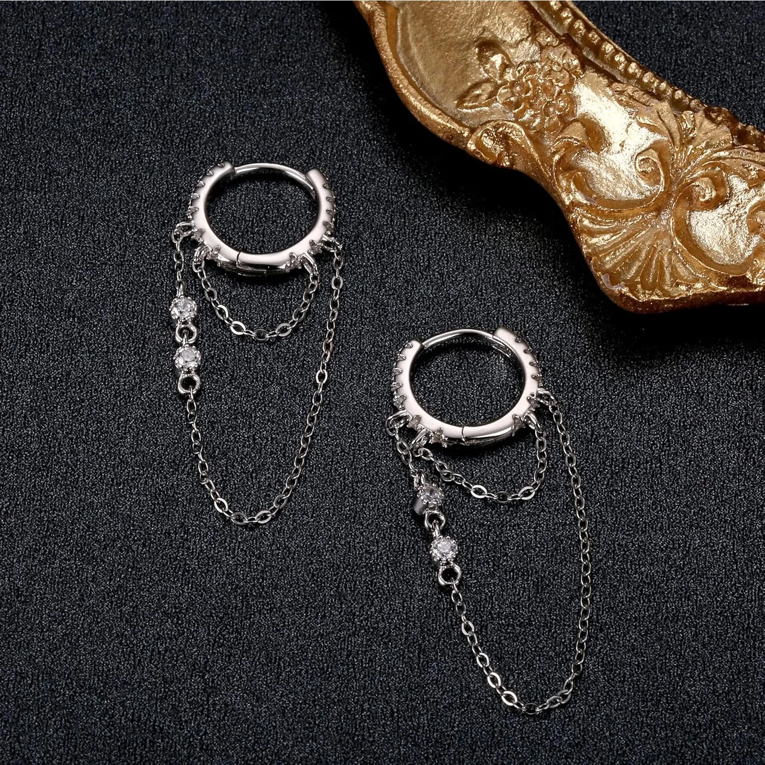 Fansilver Sterling Silver 925 Tassel Chain Dangle Small Hoop Earrings for Women Huggie Silver Threader Tassel Drop Earrings