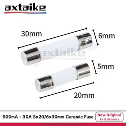 10PCS 5*20mm 6*30mm Fusibili a tubo ad azione rapida 250V F1A 2A 3A 3.15A 4A 5A 6A 7A 8A 10A 15A 20A 25A 30A AMP Fusibile in ceramica 5×20 6×30