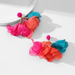 Handmade Korean Fuchsia Blue Fabric Flower Petal Drop Earrings Women's Vacation Elegant Casual Fuchsia Jewelry