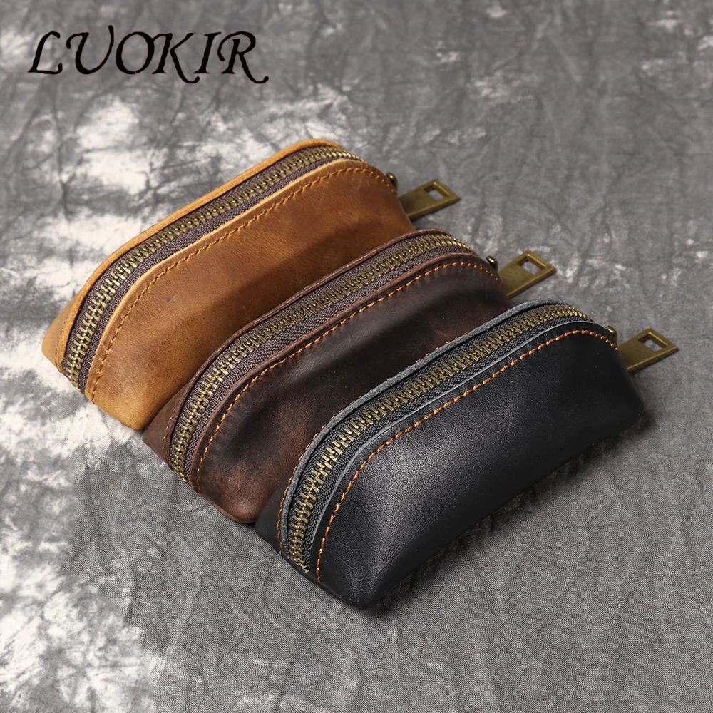 LUOKIR New Men's Genuine Leather Coin Purse, Women's Crazy Horse Leather Key Pouch, Multifunctional Cowhide Clutch Storage Bag.