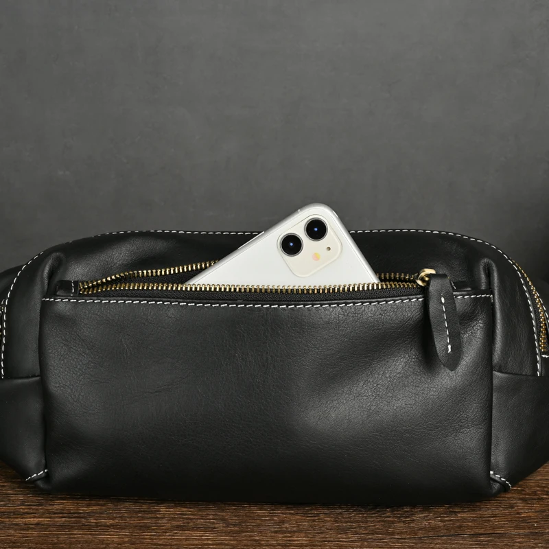 Real Leather Men Casual Fashion Travel Fanny Waist Belt Chest Pack Sling Bag Design Bum Phone Cigarette Case Male Black